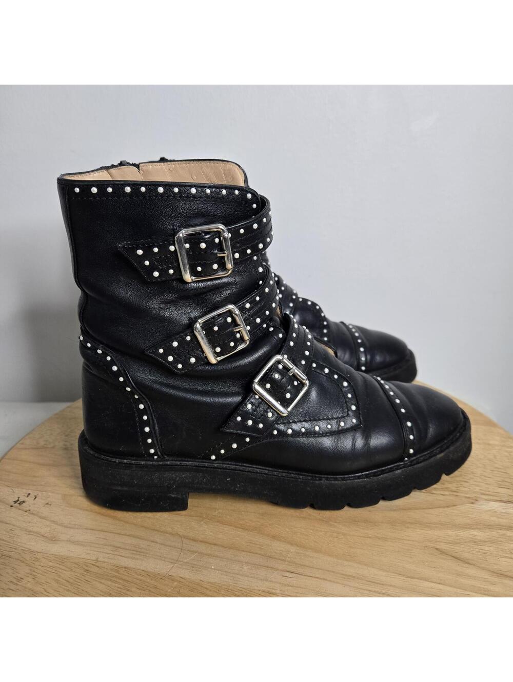 Stuart Weitzman Black Leather Studded Buckle Accent Jesse Lift Moto Boots 6B